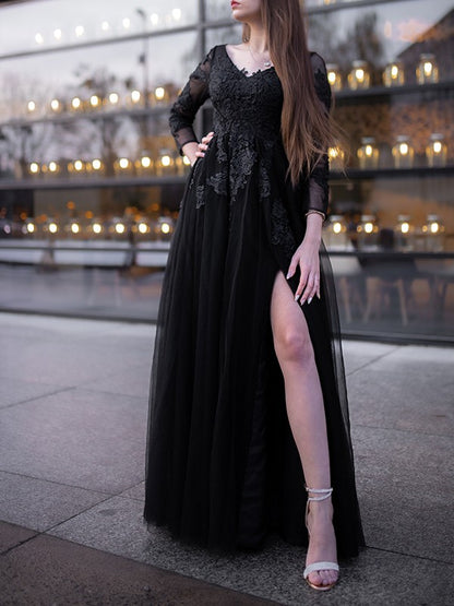 Tulle Long Sleeves Applique Off-the-Shoulder Floor-Length Dresses