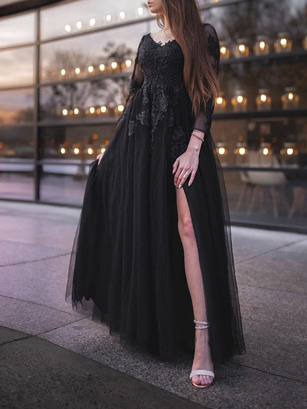 Tulle Long Sleeves Applique Off-the-Shoulder Floor-Length Dresses