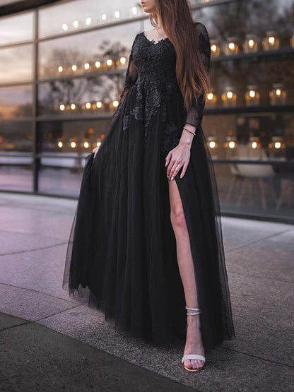 Tulle Long Sleeves Applique Off-the-Shoulder Floor-Length Dresses