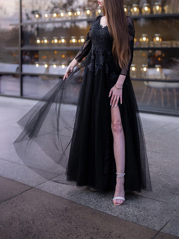 Tulle Long Sleeves Applique Off-the-Shoulder Floor-Length Dresses