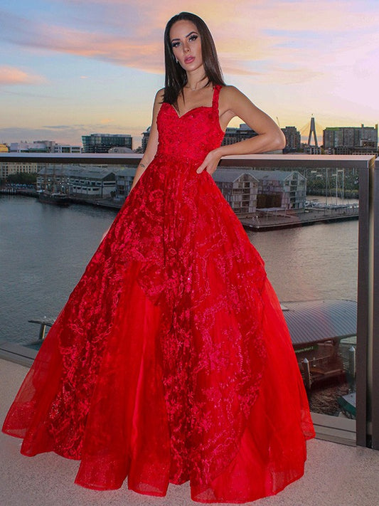 Straps Tulle Sleeveless Floor-Length Applique Dresses