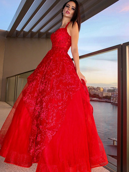 Straps Tulle Sleeveless Floor-Length Applique Dresses