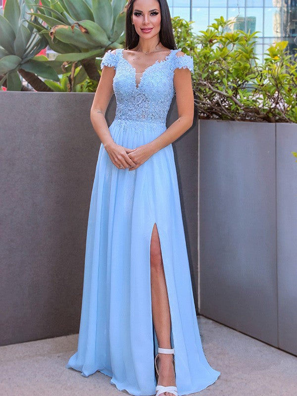 Off-the-Shoulder Sleeveless Chiffon Applique Dresses