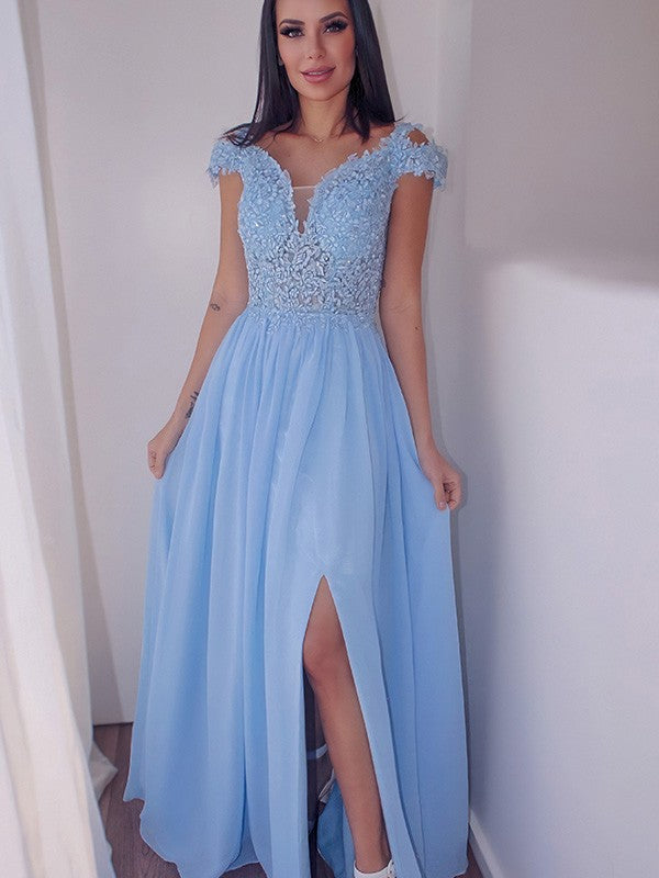 Off-the-Shoulder Sleeveless Chiffon Applique Dresses