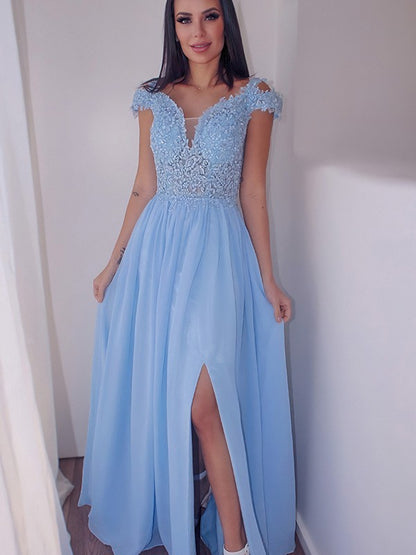 Off-the-Shoulder Sleeveless Chiffon Applique Dresses