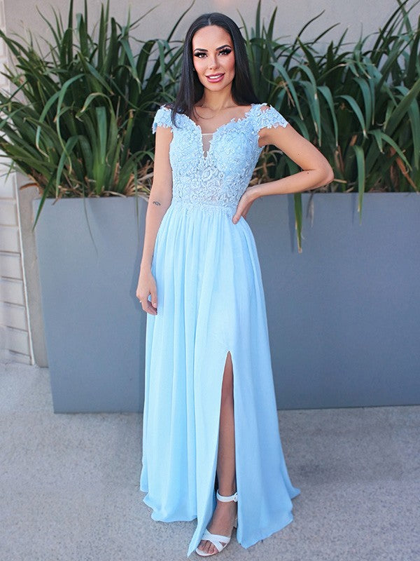 Off-the-Shoulder Sleeveless Chiffon Applique Dresses