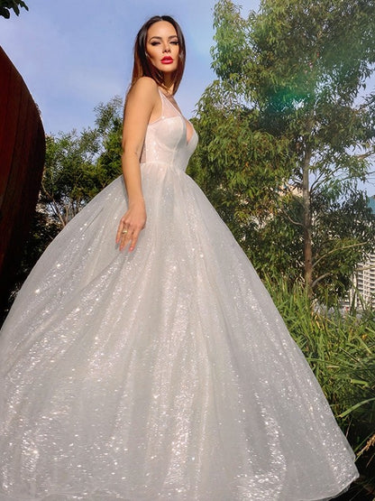 Sleeveless V-neck Tulle Sequin Sweep/Brush Train Dresses