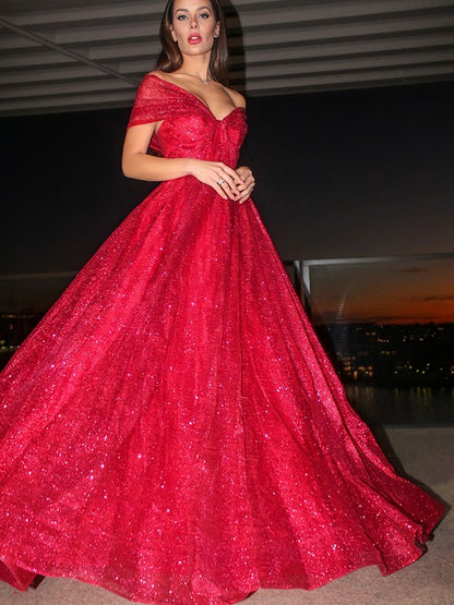 Off-the-Shoulder Sleeveless Satin Ruffles Floor-Length Dresses