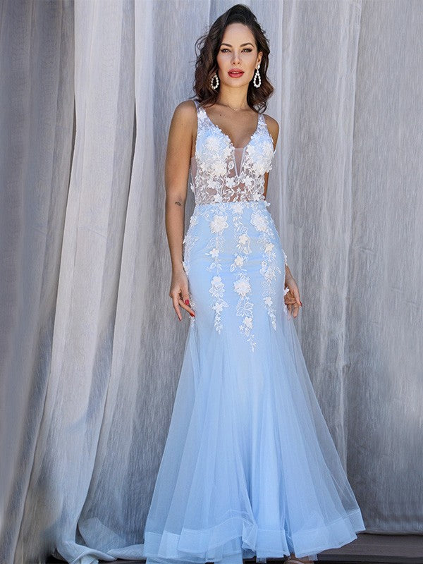 Tulle V-neck Sleeveless Applique Floor-Length Dresses