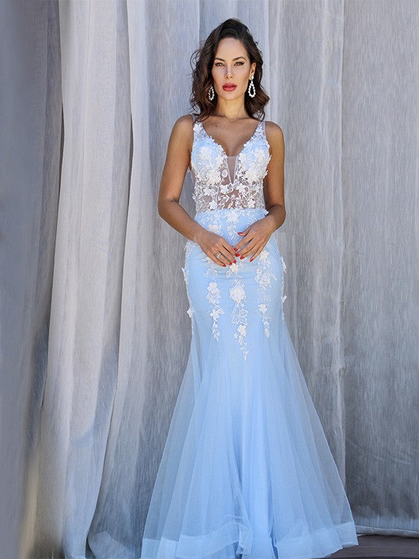 Tulle V-neck Sleeveless Applique Floor-Length Dresses