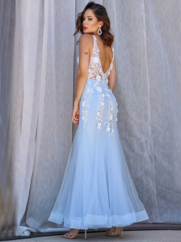 Tulle V-neck Sleeveless Applique Floor-Length Dresses