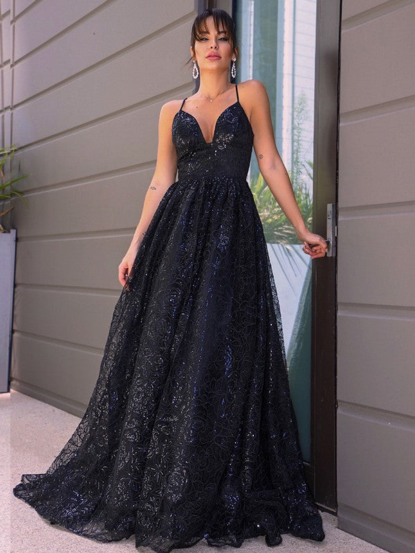 V-neck Lace Sleeveless Sequin Sweep/Brush Train Dresses