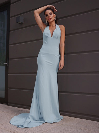 Sheath/Column Halter Ruched Sleeveless Sweep/Brush Train Dresses