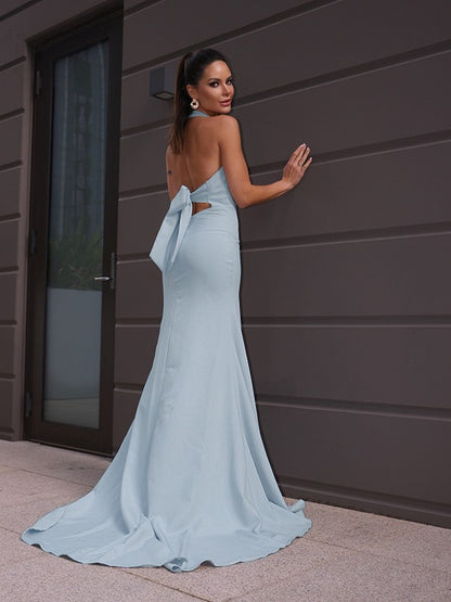 Sheath/Column Halter Ruched Sleeveless Sweep/Brush Train Dresses