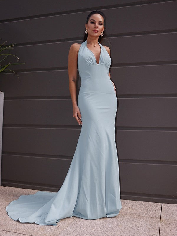 Sheath/Column Halter Ruched Sleeveless Sweep/Brush Train Dresses