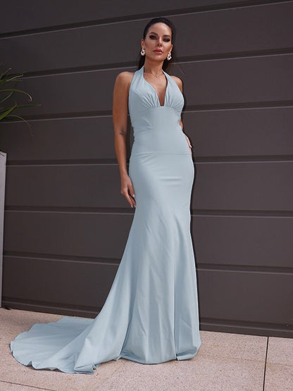 Sheath/Column Halter Ruched Sleeveless Sweep/Brush Train Dresses