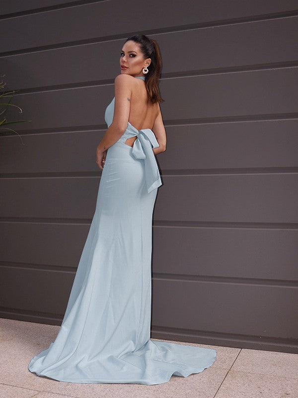 Sheath/Column Halter Ruched Sleeveless Sweep/Brush Train Dresses