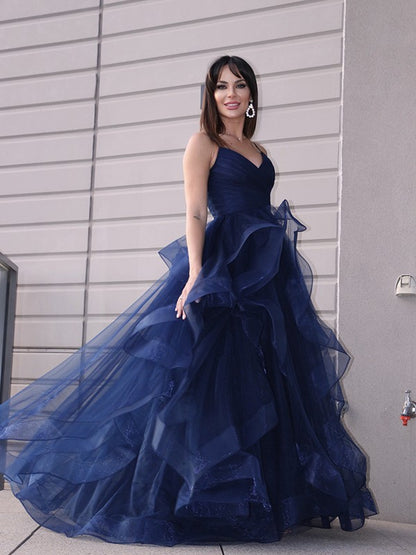 A-Line/Princess Tulle Layers Sleeveless Floor-Length Dresses
