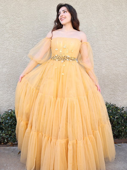 Tulle Beading Off-the-Shoulder Long Sleeves Floor-Length Dresses