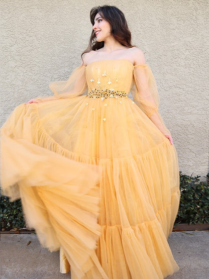 Tulle Beading Off-the-Shoulder Long Sleeves Floor-Length Dresses