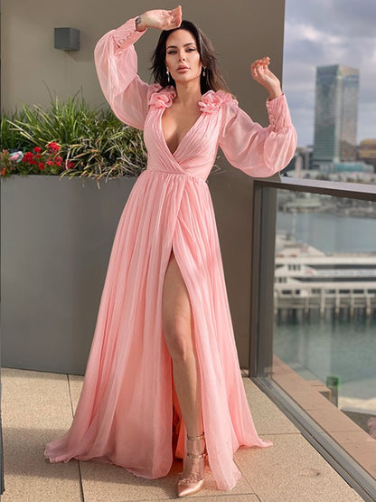 Chiffon Ruffles V-neck Long Sleeves Sweep/Brush Train Dresses