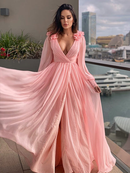 Chiffon Ruffles V-neck Long Sleeves Sweep/Brush Train Dresses