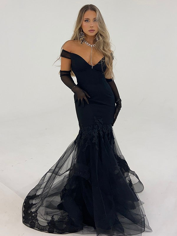 Tulle Ruffles Off-the-Shoulder Sleeveless Sweep/Brush Train Dresses