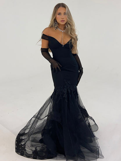 Tulle Ruffles Off-the-Shoulder Sleeveless Sweep/Brush Train Dresses