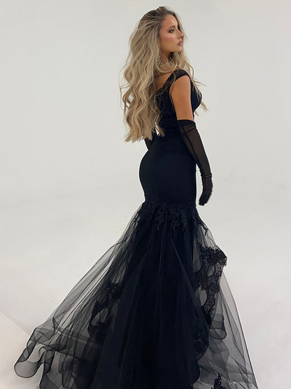 Tulle Ruffles Off-the-Shoulder Sleeveless Sweep/Brush Train Dresses