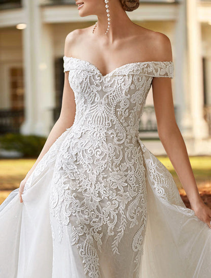 Engagement Formal Wedding Dresses Two Piece Off Shoulder Cap Sleeve Court Train Satin Bridal Gowns