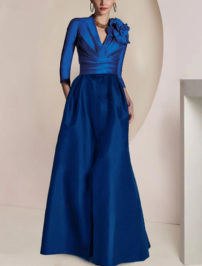 A-Line Mermaid / Trumpet Sheath / Column Mother of the Bride Dress Elegant Vintage Party Jewel Neck V Neck Floor Length Chiffon 3/4 Length Sleeve Half Sleeve