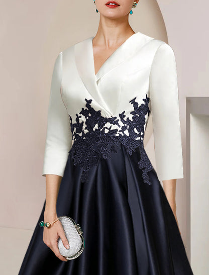A-Line Mother of the Bride Dress Formal Wedding Guest Elegant High Low Shirt Collar Asymmetrical Tea Length Satin Lace 3/4 Length Sleeve