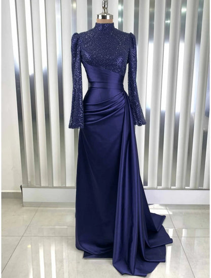 Evening Gown Champagne Christmas Elegant Dress Formal Sweep / Brush Train Long Sleeve High Neck Satin with Glitter Pleats Ruched