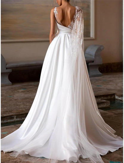 Wedding Dresses Ball Gown Off Shoulder V Neck Regular Straps Chapel Train Satin Bridal Gowns