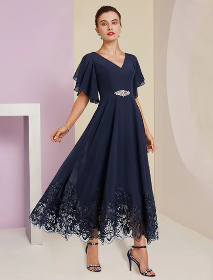 A-Line Mother of the Bride Dress Formal Wedding Guest Elegant V Neck Tea Length Chiffon Lace Short Sleeve