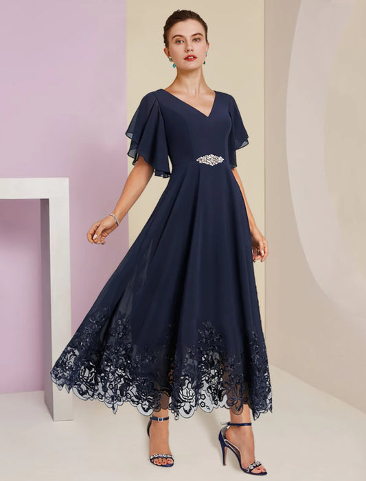 A-Line Mother of the Bride Dress Formal Wedding Guest Elegant V Neck Tea Length Chiffon Lace Short Sleeve