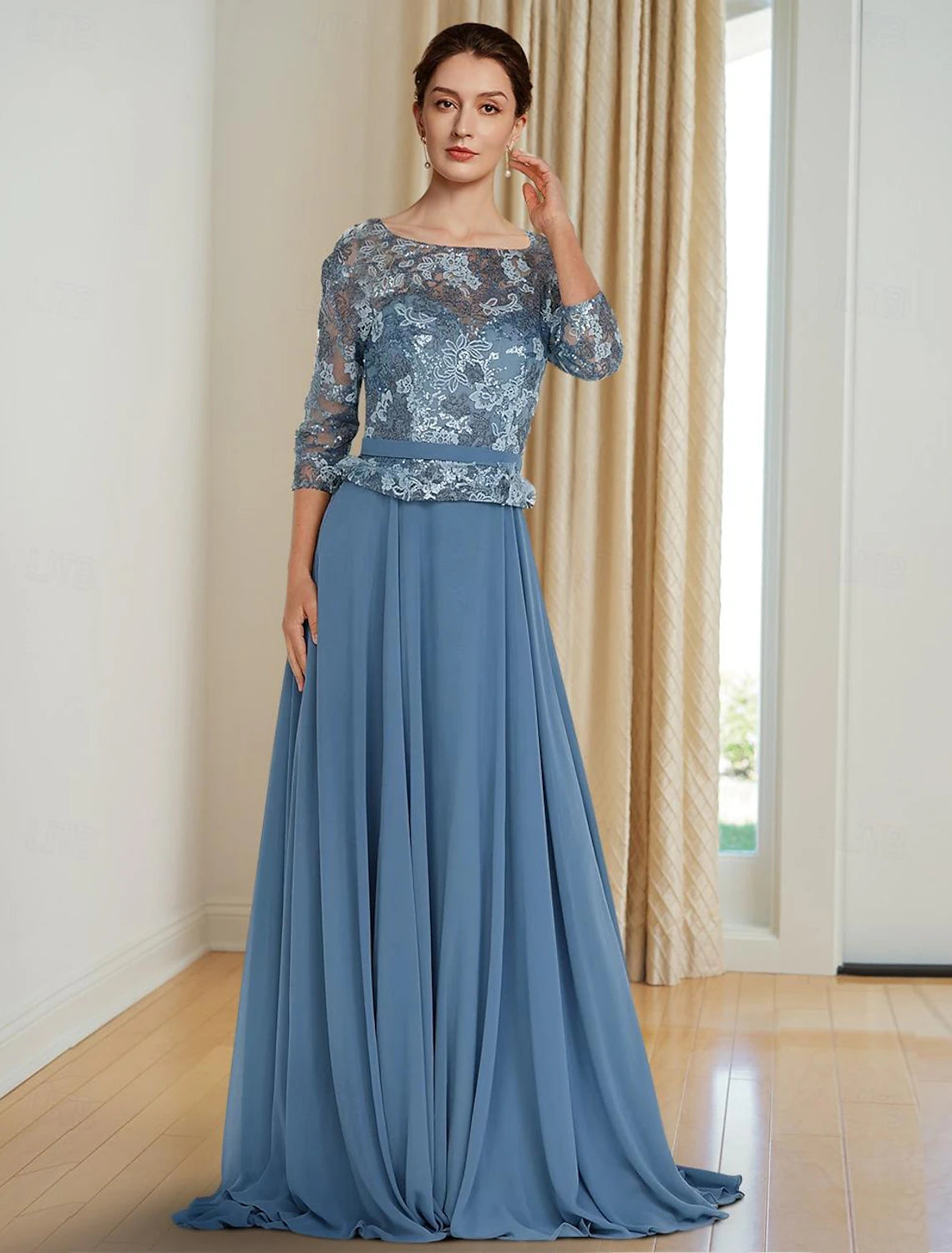 A-Line Mother of the Bride Dress Elegant Sweet Jewel Neck Floor Length Chiffon 3/4 Length Sleeve Half Sleeve