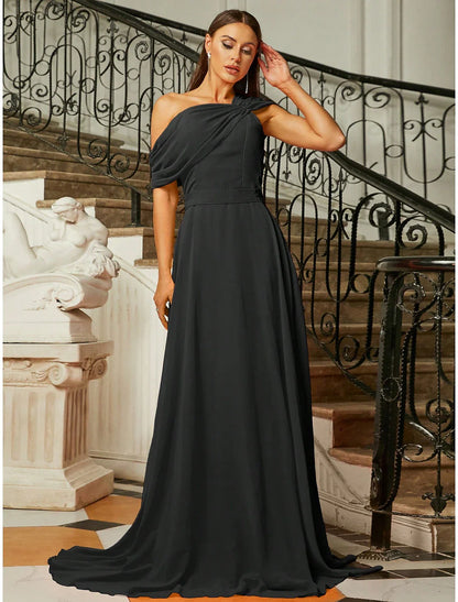 Evening Gown Elegant Dress Formal Wedding Guest Sweep / Brush Train Short Sleeve One Shoulder Stretch Fabric with Pleats Ruched