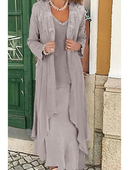 Two Piece A-Line Mother of the Bride Dress Formal Wedding Guest Elegant Plus Size Casual V Neck Floor Length Lace Linen Cotton Blend Sleeveless Jacket Dresses