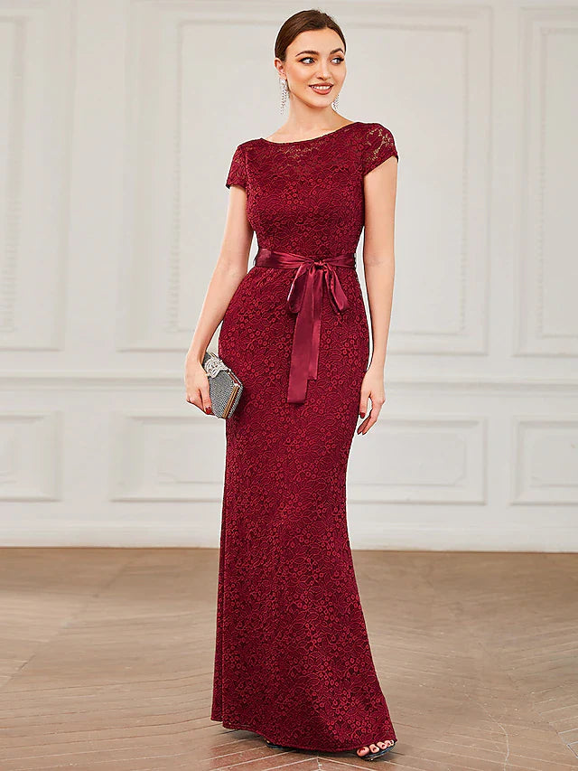 Evening Gown Vintage Dress Formal Floor Length Short Sleeve Jewel Neck Lace V Back with Strappy