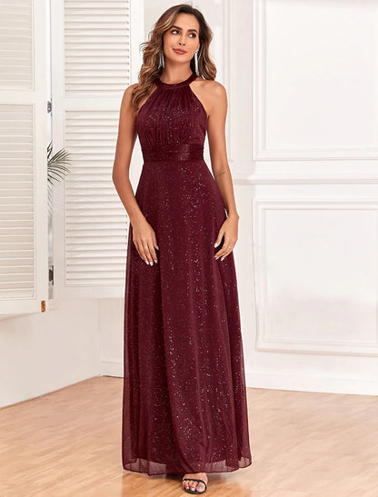 Evening Gown Empire Dress Evening Party Dress Wedding Reception Floor Length Sleeveless Halter Neck Polyester Backless V Back with Glitter