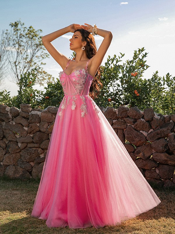 Tulle Applique Straps Sleeveless Floor-Length Dresses