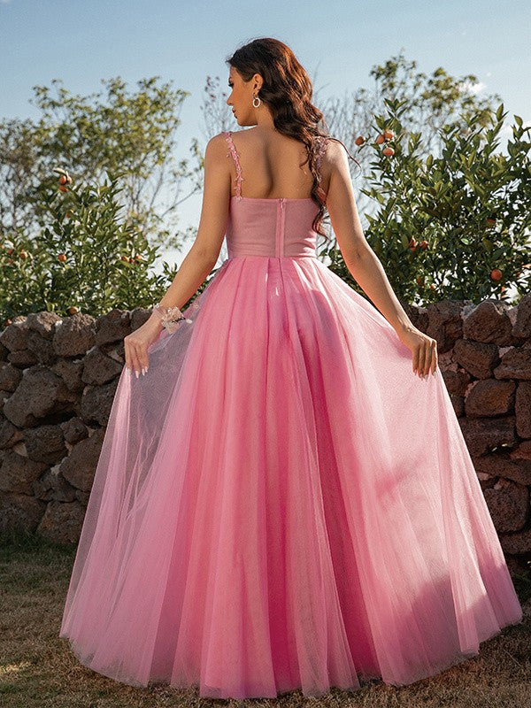 Tulle Applique Straps Sleeveless Floor-Length Dresses