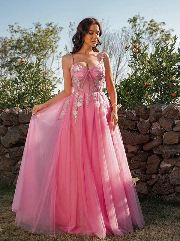 Tulle Applique Straps Sleeveless Floor-Length Dresses