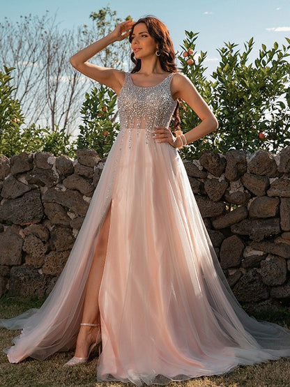 Tulle Sequin Straps Sleeveless Sweep/Brush Train Dresses