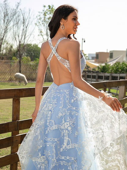 Tulle Lace V-neck Sleeveless Floor-Length Dresses