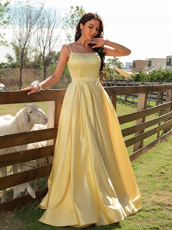 Satin Ruffles Spaghetti Straps Sleeveless Sweep/Brush Train Dresses