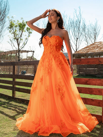 A-Line Tulle Applique Sweetheart Sleeveless Floor-Length Prom Dresses