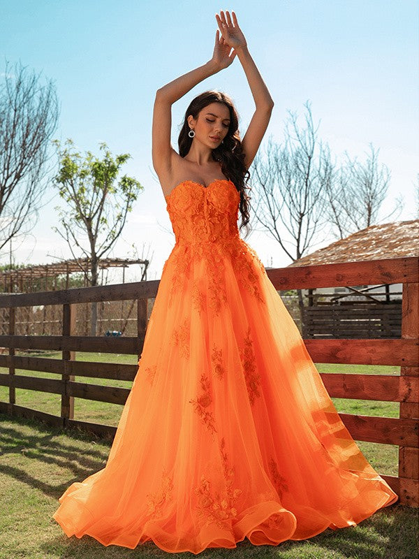A-Line Tulle Applique Sweetheart Sleeveless Floor-Length Prom Dresses