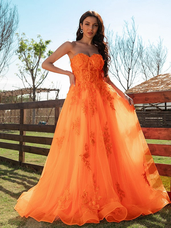 A-Line Tulle Applique Sweetheart Sleeveless Floor-Length Prom Dresses